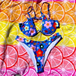 Blue bikini with flower pattern